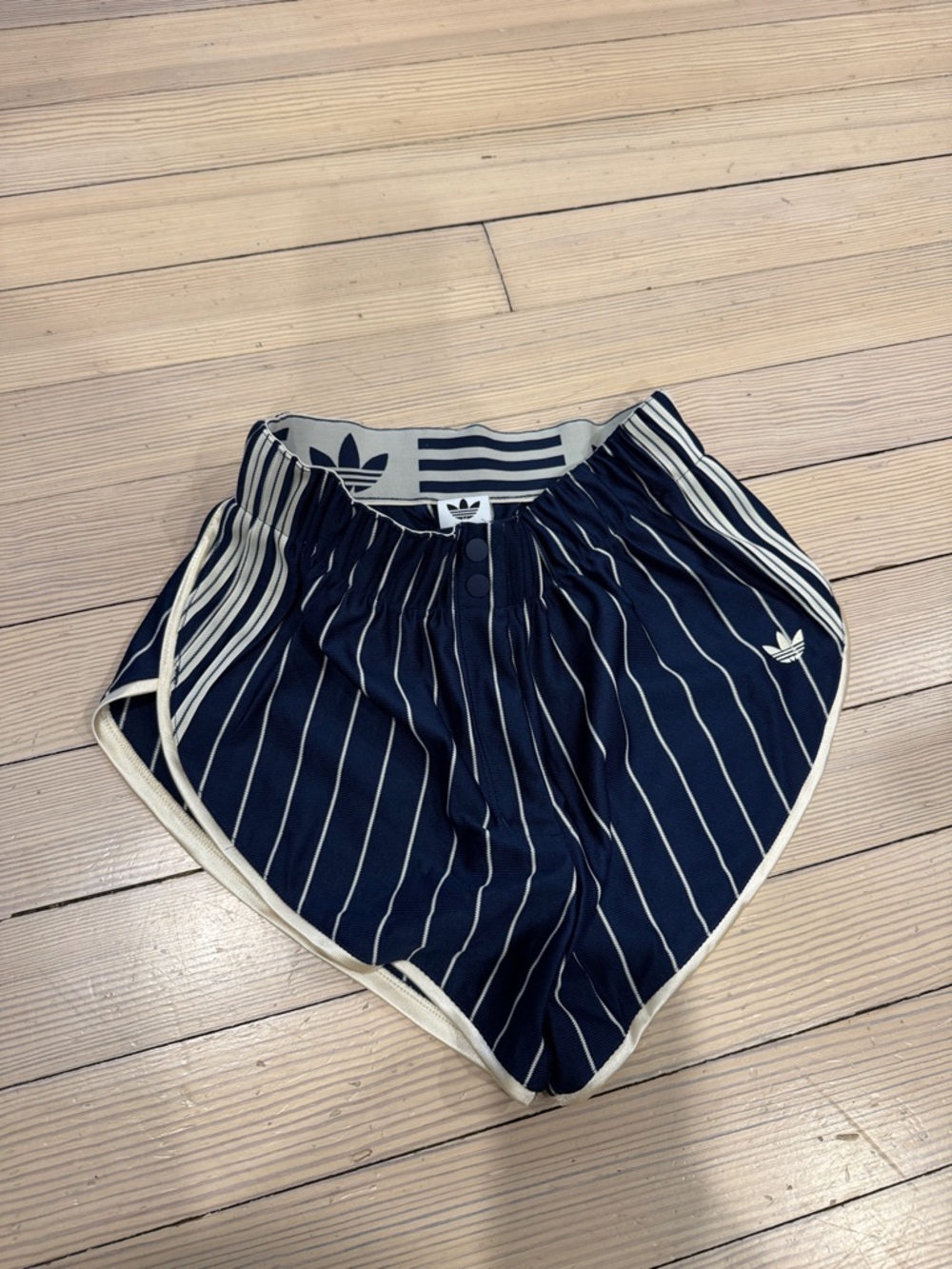 adidas Navy Pinstripe Athletic Shorts with Cream Trim